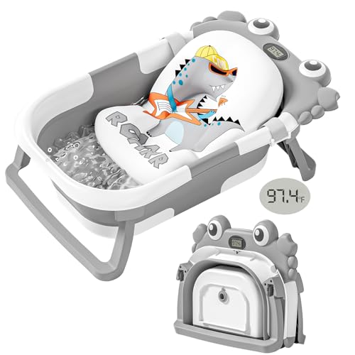 Collapsible baby bathtub with thermometer and cushion