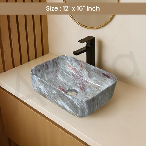 Image of Artiva Ceramic Wash Basin /Tabletop Washbasin For Bathroom,12 inchx16 inch /Small Countetop Bathroom Basin /Table Top Basin For Home,Office,Hotel /Rectangle Glossy Sink (Oligrey-Marble,12x16 Inch)