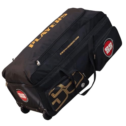 Image of SS Players Cricket Kit Bag with Wheels Black - Extra Large Trolley Kitbag for Full Gear, Bat Sleeve,