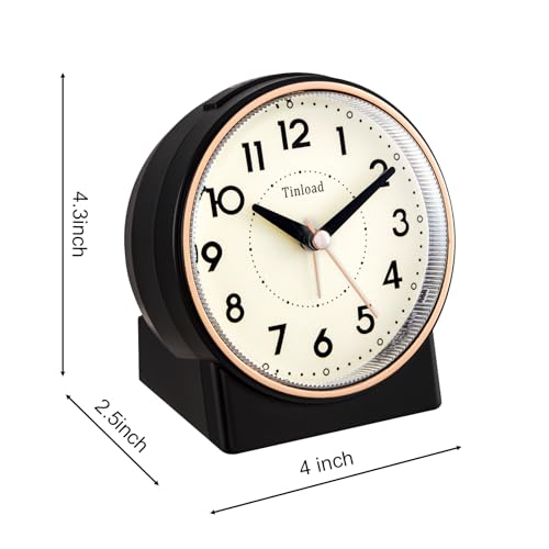 Image of Tinload 4.3 inch Retro Analog Alarm Clock, Vintage Decor, No Ticking Silent, Easy to Set, Gradual Rise Alarm, On /Off Switch on Side, Gentle Wake, Snooze, Lighted on Demand, Battery Operated, Retro Black