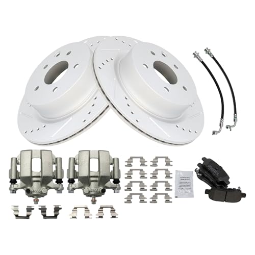 Image of TRQ Performance Rear Brake Pad and Rotor Set Semi Metallic Slotted Drilled G Coated Rotors Calipers Compatible with 2005 Infiniti G35 Nissan 350Z