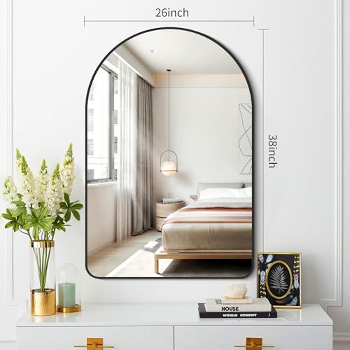 Image of FORBATH Arched Bathroom Mirror 26x38 Inch, Bathroom Mirror Wall Mounted Modern Black Aluminum Alloy Frame Decor Dresser Mirror for Bedroom Living Room Entryway, Hanging or Leaning Against Wall