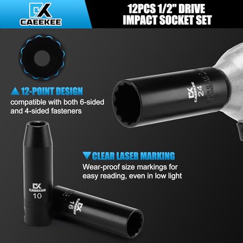 Image of 12-Piece 1 /2 inch Drive Deep Impact Socket Set, Metric (10mm - 24mm), 12-Point, Cr-V Steel, Includes Drill Socket Adapter