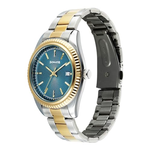 Image of Sonata Festive 2.0 Quartz Teal Round Dial Men's Watch | Stainless Steel Strap Material | Watches for Men Analog - 77198BM01