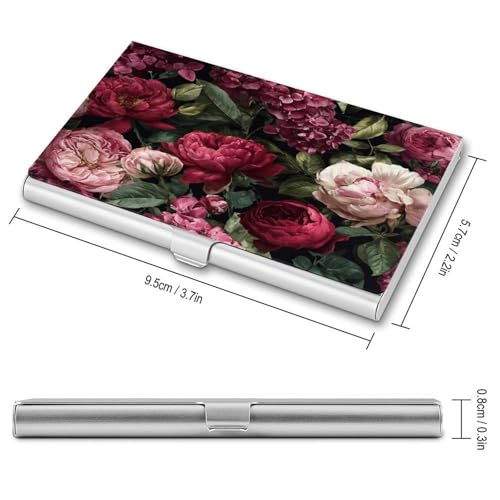 Pink And Red Roses Peonies Business Card Holder, Pocket Slim Portable Metal Business Card Case for Women Men2