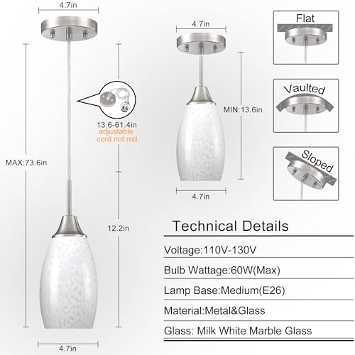 Image of Viinew 3-Pack Glass Pendant Light,Mini Milk White Glass Pendant Light