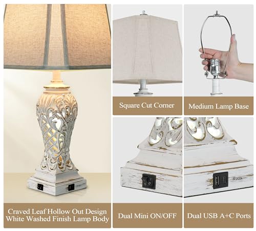 Weiters 29'' Tall Farmhouse Table Lamps Set Of 2, Boho Table Lamp For Living Room With Usb C+A, Bedside Lamp With Nightlight For Bedroom, Hollow Out Resin Lamp Nightstand Lamp thumb #5