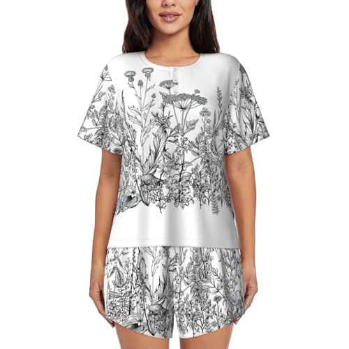 Pyjama 2 pièces femme manches courtes à motif floral noir et blanc col rond