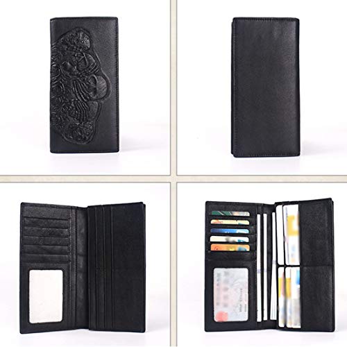 Mens Slim Genuine Leather Bifold Long Wallet Embossed Skull Checkbook Wallet for Women4