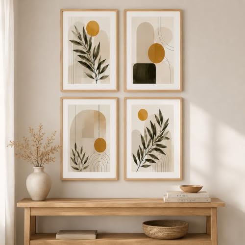 Image of Livin'luxe Set of 4 Minimalist Botanical Geometric Wall Paintings with Sparkle Laminate and Premium Wooden Synthetic Frame for Living Room Bedroom Office Decor (13.5 x 19.5 Inch)