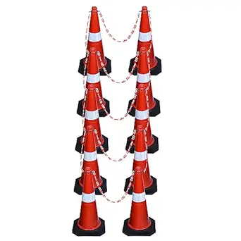 ABS INDUSTRY Safety Cones 10 Cones with 10 Meters S Hook Safety Chain and 10 Hooks Multipurpose PVC Plastic Traffic Safety Cone with Black Rubber Weighted Base and Highly Visible Reflective Collar