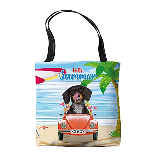 BAGEYOU Sac fourre-tout personnalisé teckel conduire une voiture sac fourre-tout Hello Summer Beach Sea Esthétique Sac à bandoulière pour l'école et le travail, Teckel, 18x18inch/45x45cm