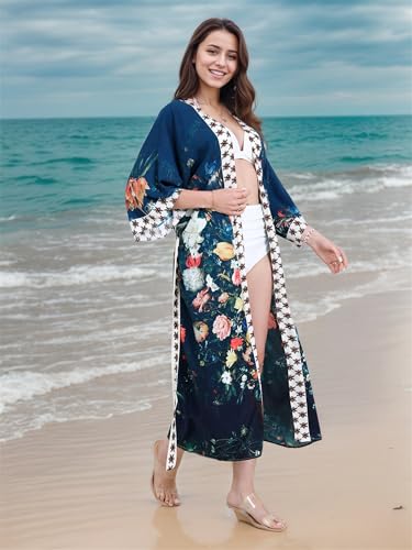 Beach Kimono Cover Up, Long Floral Print Swimsuit Coverup, Boho Summer Beachwear4