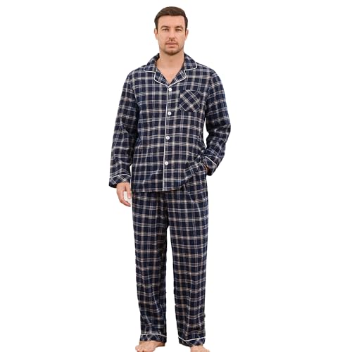 Vulcanodon Men 100% Cotton Pajama Set, Long Sleeve Flannel Pajama Sets Soft Woven Plaid 2 Piece Button Down Lounge Set