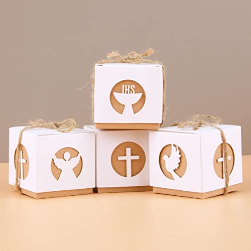 50Pcs Boîtes Faveurs Communion Confirmation Coffrets Baptême Cadeau Enfants 5x5x5CM avec Corde Jute Rubans Imprimer Ange Graal pour Fête Naissance Emballage Baby Shower