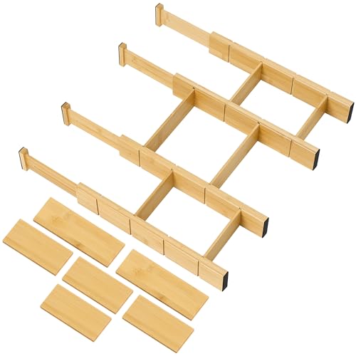 Utoplike Kitchen Drawer Divider with Inserts, Bamboo Drawers Organizer Adjustable, 4 pcs Large Expandable Wood Socks Drawer Organization for Dresser, Office, Spring Loaded