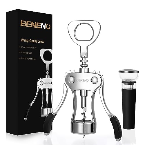 Beneno Wine Opener with Silicone Leak Proof Wine Vacuum Stopper, Zinc Alloy Premium Wing Corkscrew with Multifunctional Bottles Opener, Matte Black