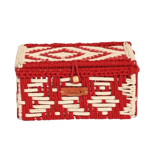 Image of Kaahira Handmade Decorative Storage Box and Organiser | Macrame Gift Hamper Box for Cosmetics, Toiletries & Return Gifts | Aesthetic Rope Woven Organizer (Red and White, Small - 9x6x4 inches)