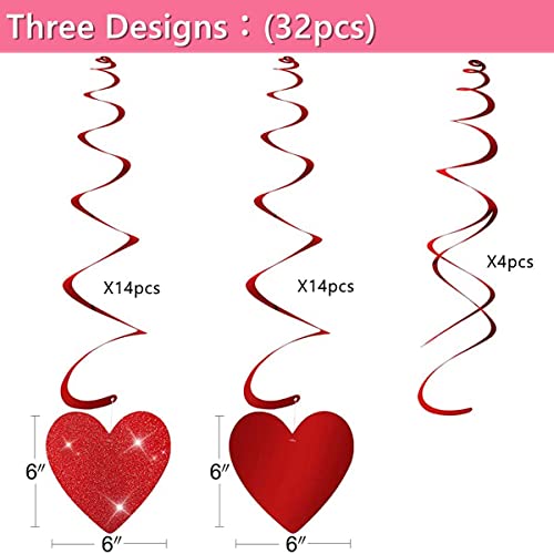Image of FestikoValentine's Day Hanging Swirl Decorations,32 PCS Glitter Red Love Heart Foil Swirls Ceiling Streamers for Valentine's Day Engagement Wedding Anniversary Birthday Decoration Party Supplies