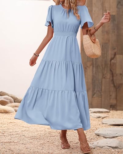 Image of PRETTYGARDEN Women's Casual Smocked Boho Floral A-Line Maxi Dress 2026 | Summer Short Flutter Sleeve Crewneck Tiered Long Sundress,Fall Wedding Guest Dresses,Spring Cute Flowy Beach Vacation Clothes