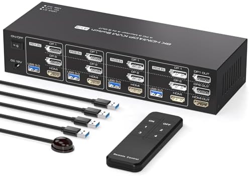 8K 2 Displayport HDMI KVM Switch 4 Computers 3 Monitors 4K144Hz for 4 PC Sharing Triple Monitor and 4 USB 3.0 Port Support Extended Copy Mode with Controller（Not Supporting EDID）