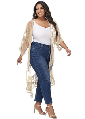 Image of Anna-Kaci Women's Plus Size Lace Cardigan Embroidered Long Kimono Dusters with Half Sleeves