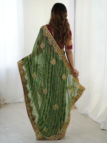 Image of Satrani Women's Georgette Bandhani Printed Embroidered gota lace Saree with Unstitched Blouse Piece
