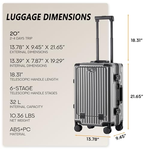20 Inch Zipperless Carry On Luggage 22x14x9 Airline Approved With Spinner Wheels,Aluminium Frame Hard Shell Travel Suitcase with TSA Approved Cup Holder USB Port Holder for Women Men,Grey4