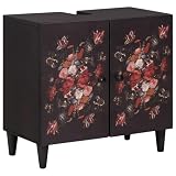 HKQWPBF Mobile sottolavabo con motivo floreale in legno massello di mango multicolore, 62 x 33 x 58 cm, design moderno con maniglie in ottone, molto spazio per il bagno