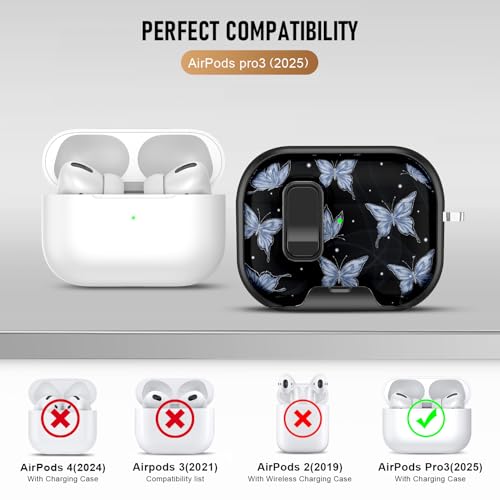 Image of Compatible Airpods Pro 3 Case (2025)with Phone Stand & Cleaner Kit,Print Soft Silicone Lock Clip Apple AirPods Pro 3rd Generation Case, Airpod Pro 3 Cover with Keychain for Women /Girls,Blue Butterfly