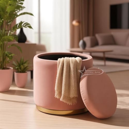 Image of Velvet Round Single Strip Ottoman Office Stool Foot Rest Stool Velvet Fabric Padded Seat Pouf Ottoman 16 X 16X 19 inch, in Round Shape for Living Room Pink