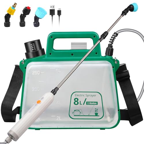 Pulvérisateur électrique à batterie 8 litres, pulvérisateur à pompe avec manche rechargeable USB et lance télescopique, 3 buses, anti-fuites pour gazon, jardin, ferme (Vert)
