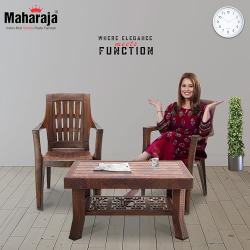 Image of MAHARAJA Classic Plastic Table & Chair Set | Elegant Design, Sturdy Build | Perfect for Home, Office & Garden Use (Teakwood, 4 Chair+1 Table)
