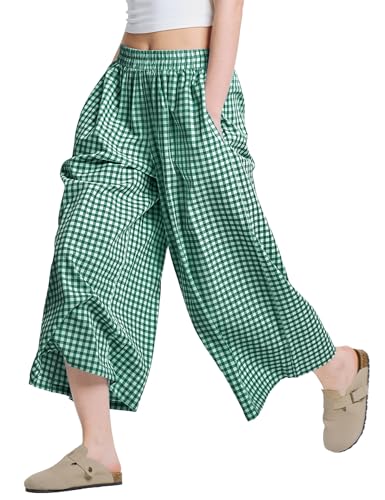 Image of LOMON Womens Wide Leg Capri Pants Gingham Plaid Culottes Summer Elastic Waist Palazzo Trousers Bottoms with Pockets