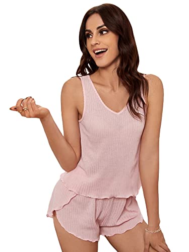 Soly Hux Women's V Neck Sleeveless Lettuce Trim Tank Top And Shorts Pajama Set Sleepwear Pink S #TOP24