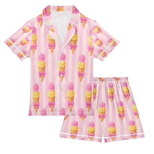 ALAZA Ice Cream Bow Striped Satin Pajamas Set Short Sleeve Button Down Sleepwear Summer Pjs 2 Piece