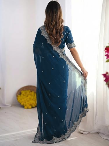 Image of SIRIL Women's Shimmer Georgette Scalloped Border Sequins Embroidery Saree with Unstitched Blouse Piece