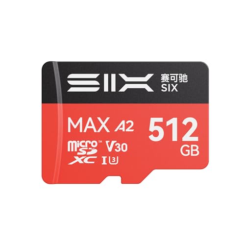 SIX M200 512GB Micro SD�J�[�h�ǂݎ��ő�190MB/�b 4K UHD�A���^��p - A2�AU3�AV30 microSDXC�������[�J�[�h 512GB �A�N�V�����J�����A�h���[���A�Q�[���@�A�_�b�V���J���A�d�b�p�A�_�v�^�[�t��