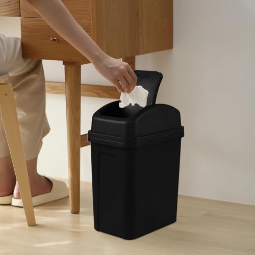 Image of 7 L Plastic Swing Lid Garbage Bin, Small Trash Can for Bathroom /Living Room /Bedroom, Black