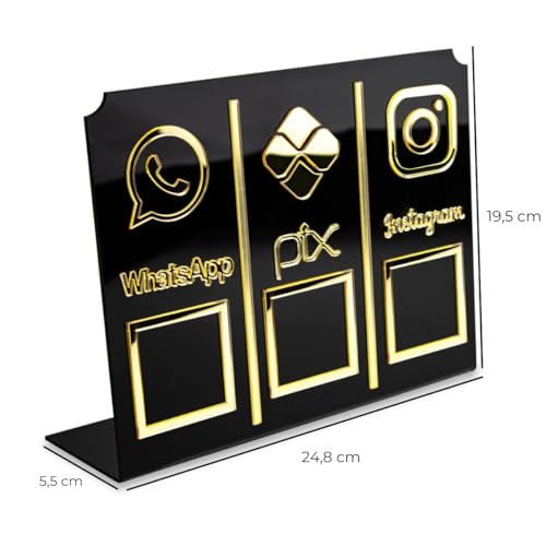 Display Placa 3 em 1 WhatsApp Pix Instagram Qr Code Preto Pagamentos Interação Balcão Loja Estabelec