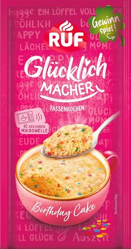 RUF Glücklichmacher Tassenkuchen Birthday Cake aromatisch-süßer Kuchen mit bunten Konfettis in 90 Sekunden fertig einfach mit Milch anrühren 1 Portion