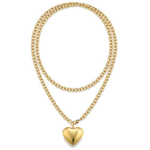 TEN MIRO 16k Chunky Gold Necklace for Women Non Tarnish, 36'' /92cm Long Gold Chunky Heart Necklace layered Puffy Heart Necklaces Long Thick Pendant Bold Statement Necklaces for Women Trendy