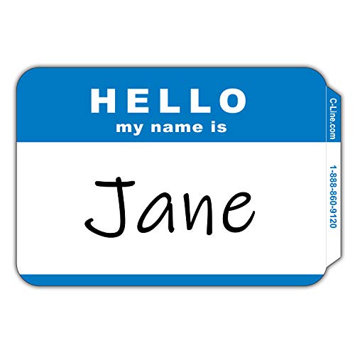 C-Line Hello Badges, Blue, 3½ x 2¼, 500 Badges (20 Per Pack, 25 Packs Per Carton)
