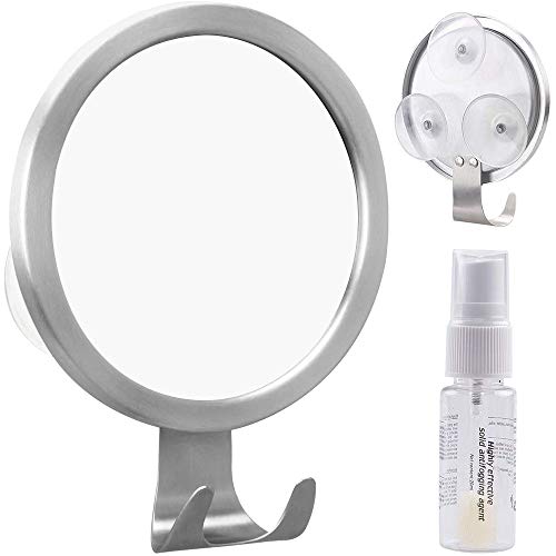 GlobaLink Espejo Antivaho Redondo Espejo Ideal para Afeitar Maquillaje Cosméticos Ducha Cuarto de Baño Pared con Gancho Fijación Adhesiva Agente Anti-Niebla Color Plateado Acero Inoxidable Regalo