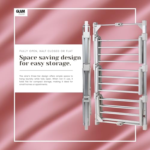 GlamHaus Electric Heated Clothes Airer Dryer Rack Aluminium with Cover Indoor - Folds Flat for Easy Storage - 3 Tier Design - Only 220W - Image 7