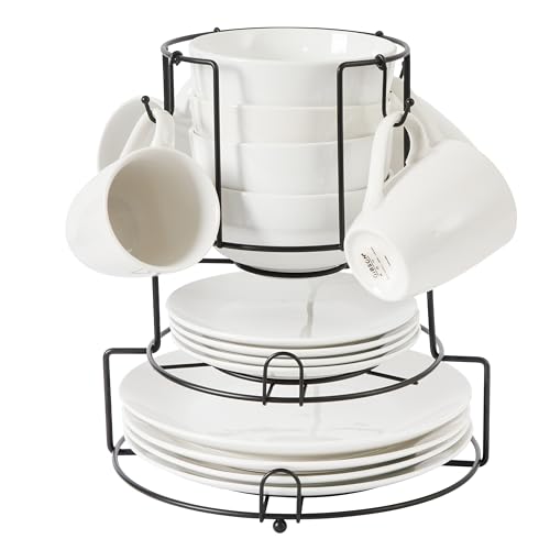 Image of Gibson Home Summit View 17-Piece Porcelain Plates and Bowls Set W /Metal Rack - Plates, Bowls & Mugs Dinnerware Set for 4 - White