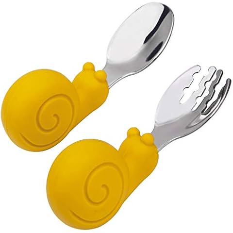 Baby Spoon and Fork Set, Toddlers Self Feeding Learning Tableware, Made of Silicone and Stainless Steel, Easy Grip Children Cutlery Learning Set, for 12 Months+ Cover