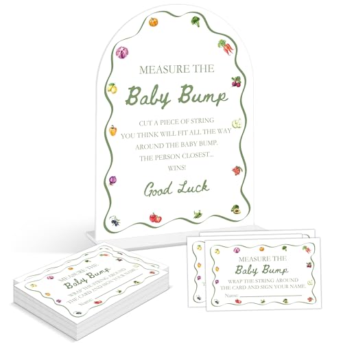 Baby Shower Games - Locally Grown Measure The Baby Bump Game, 1 Arch Acrylic Sign and 50 Guessing Cards, Gender Reveal Game, Farmers Market Baby Shower Decoration Supplies (DP07)