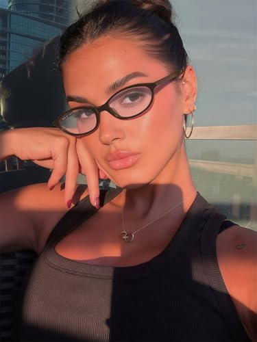 Image of GUVIVI Retro Oval Sunglasses for Women Chic Cat Eye 90s Sunnies Lightweight Narrow Shades Trendy UV protection Sun Glasses