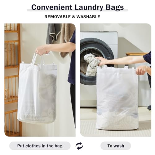 YOUDENOVA Wäschekorb mit Deckel 3 Fächer 160L Wäschesammler mit 3 Wäschesäcke Groß faltbarer Wäschesortierer Holz Bambus Wäschetruhe hoch, Weiß